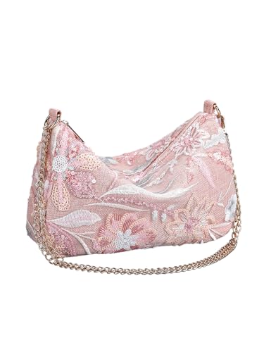 QWINEE Womens Sequin Floral Embroidery Evening Beaded Clutch Bags Elegant Mini Crossbody Purses Wedding Party Bag Floral Pink One Size