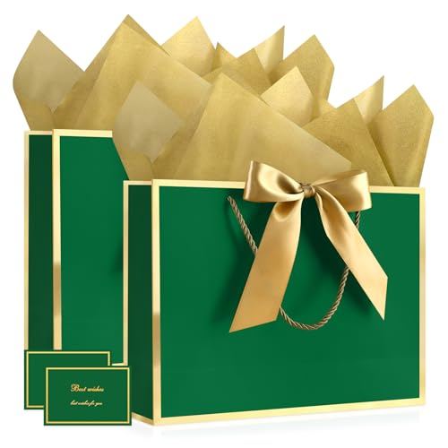 Image of JMANNI Gift Bags with Handles, 11 inch Small Gift Bags with Tissue Paper | 2 Pcs Green Bags, 4 Tissue Paper and 2 Cards, for Baby Shower, Wedding Bridal Shower, Birthday Party