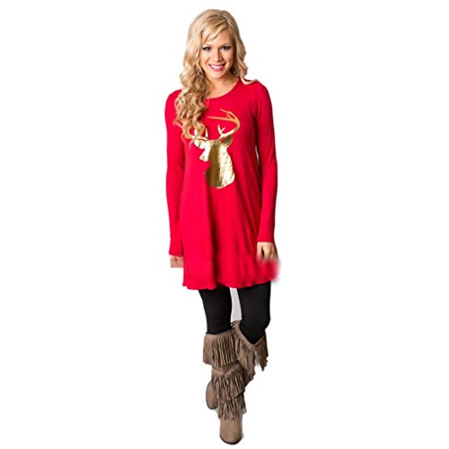 Mallcat Christmas Dress Women Round Collar Elk Casual Dress (M) Red