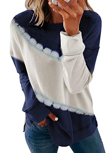 FARYSAYS Women's Tie Dye Print Long Sleeve Crewneck Casual Sweatshirts Loose Blouse Soft T-Shirts Tops Blue Small