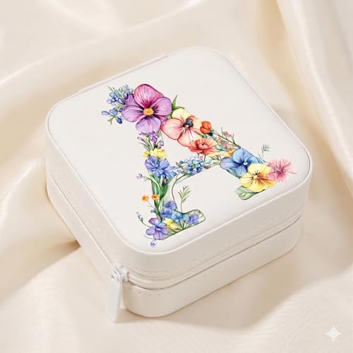FERIYO Personalized Alphabet Floral Jewelry Organizer Box for Women & Girls | Portable Travel Jewelry Storage Case with Zipper | Initial Letter Jewelr