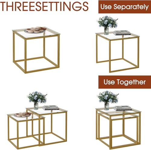 Huhote Quadratisch Couchtisch 2er Set, Moderne Wohnzimmertisch, Couchtisch Aus Glas, Wohnzimmertisch Klein, Beistelltisch, Sofatisch, Coffee Table für Wohnzimmer, Schlafzimmer, Büro, 50/45 cm, Gold – Bild 7