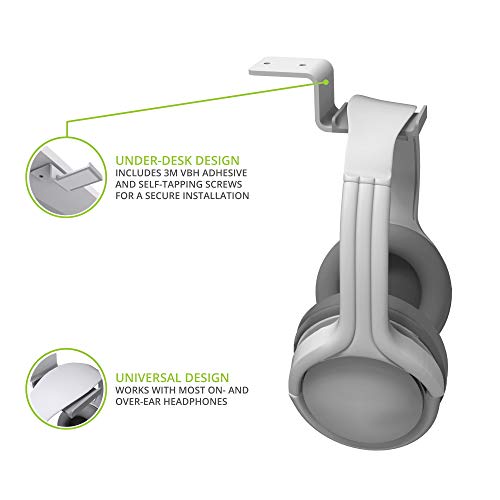 Image of Kanto HH Universal Under Desk Headphone Hook - White - Solid Steel Construction - Mount using 3M adhesive or 2 included screws