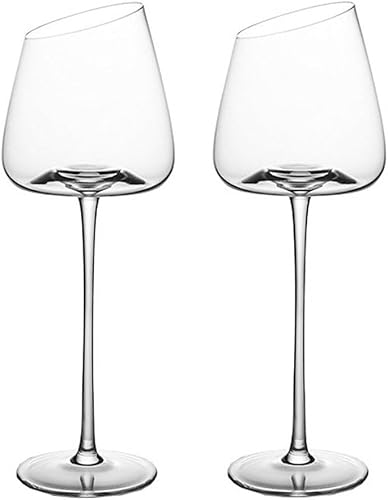 Miniatura 1 de Juego de 2 copas de vino tinto inclinadas, copas de vino blanco de tallo largo sin plomo, copas de vino de cristal modernas con base cóncava única,