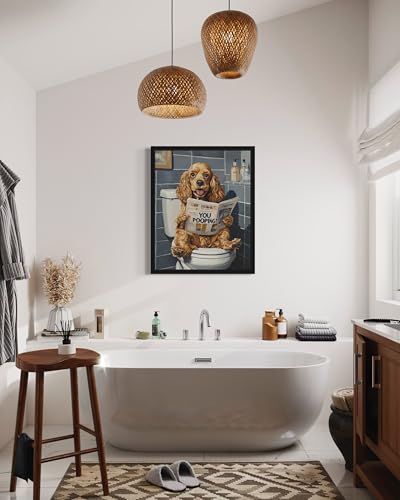 Image of Cocker Spaniel on Toilet Black Framed Wall Art Print Poster, Dog Bathroom Humor Decor Posters Prints for Restroom Home Picture Painting Artwork Gallery 7 (Cocker Spaniel, 10 inchL x 8 inchW, Black Frame)