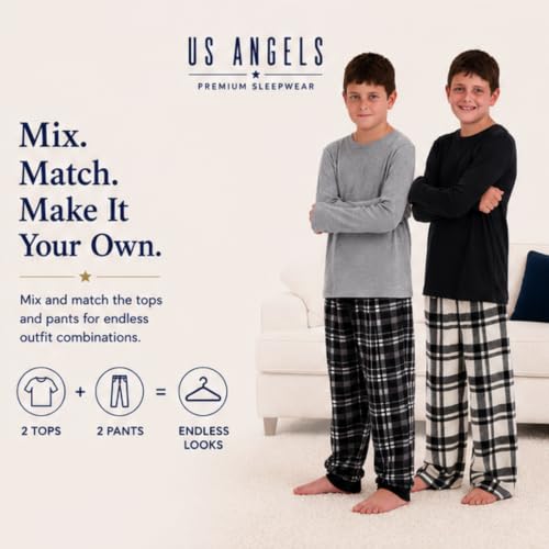 Image of US Angels Boys Pajamas Set | 4-Piece Long Sleeve & Fleece Pants | Soft Warm Sleepwear Pjs for Kids & Teens