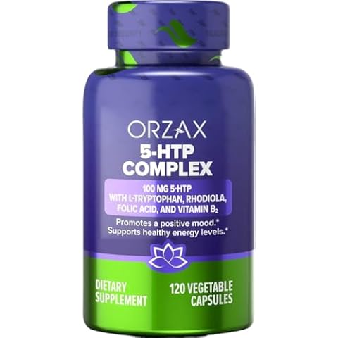 ORZAX 5-HTP 200mg Supplement Capsules with L-Tryptophan, Rhodiola, Vitamin B2, and Folic Acid - Supports Vitality and Inner Peace Supplements 100mg 5HTP Per Serving, 120 Capsules Cover
