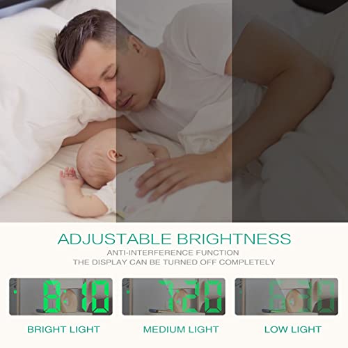 Oria Digital Alarm Clock, 6.5" Large Display Led Mirror Clock, Led Electric Alarm Clocks With Snooze, 12H/ 24H Display, 3 Adjustable Brightness, Usb Cable, Suitable For Bedroom, Office, Green #TOP1