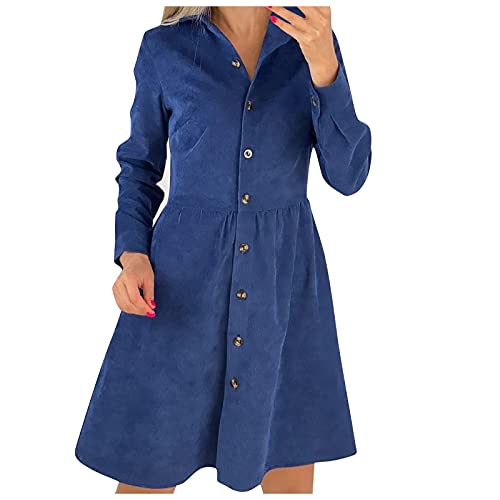 Generisch Herbstkleid Damen Knielang Elegant Cord Blusenkleid Herbst Winterkleid Langarm Revers Tunikakleid Mit Knöpfen Festlich Elegant Autumn Dress...