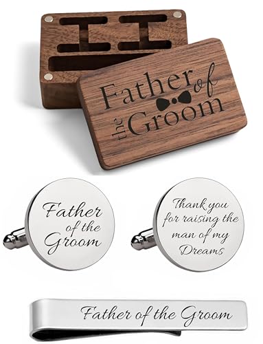 Kooer Father of The Groom Cuff Links Tie Clip Set, Men's Wedding Cufflinks Jewelry Gift for Father Dad (Father of the Groom)