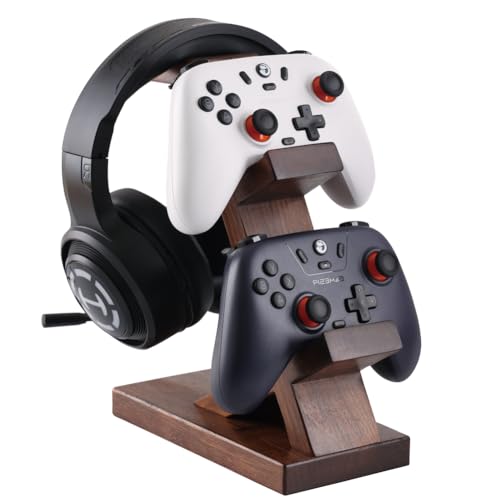 Wooden Gamepad Controller & Headphone Hanger Holder, Solid Walnut Controller Holder Headset Stand Compatible with PS4, PS5, Xbox ONE, Switch, Universal Design (Solid Black Walnut)