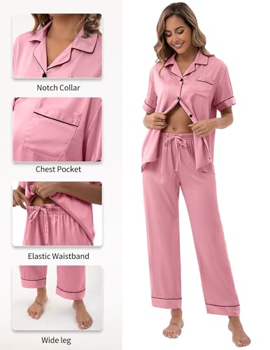 Image of UMBY Silk Satin Pajamas for Women Set 2 Piece button down Soft Silk Pjs Sets Cozy Silky Pajama Short Sleeve