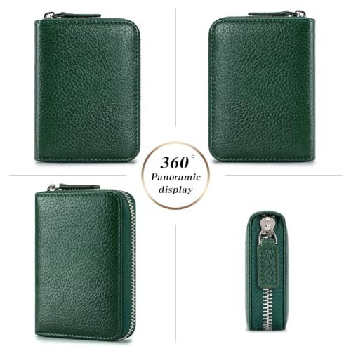 Womens Genuine Leather Zipper Credit Card Holder RFID Blocking Small Accordion Wallet with Coin Pouch,Dark Green4