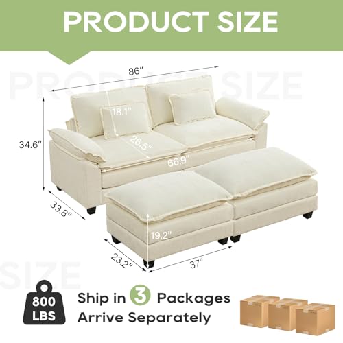 Image of Oprisen 86 inch Modular Sectional Sofa, Comfy Cloud Couch Sectional Sofa with Ottoman, Chenille Sofa Sleeper Deep Seat Sofa with Throw Pillows for Living Room (Beige White)