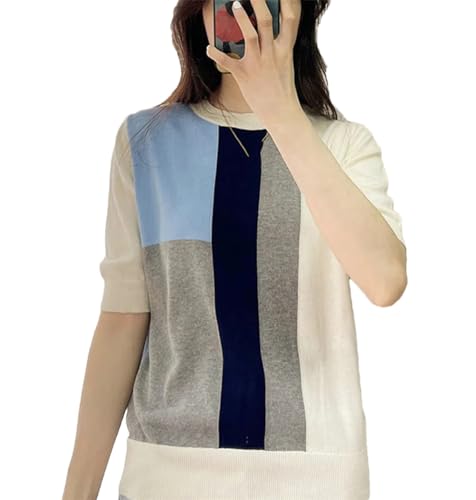 T-shirt d'été en coton Kelsiop pour femme | Pull décontracté à col rond tricoté