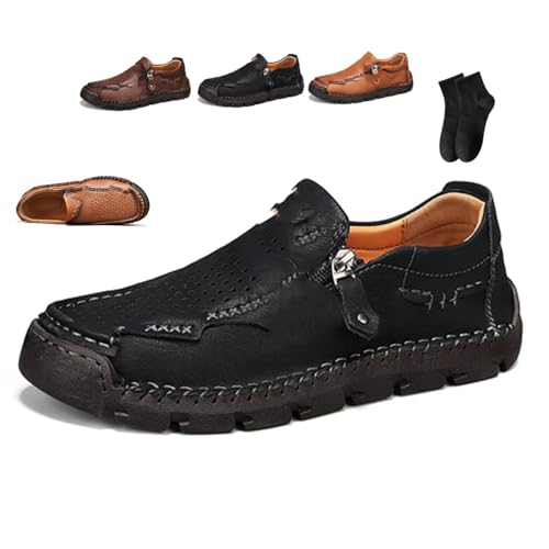 Men’s Breathable Leather Loafers with Easy Zip – Wide Toe, Arch Support, Waterproof, Non-Slip Comfort for Everyday & Travel Leather Driving Shoes for Men