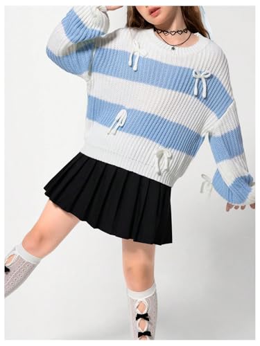 Girl's Bow Sweater Striped Crew Neck Sweaters Colorblock Long Sleeve Cute Knit Pullover Tops3