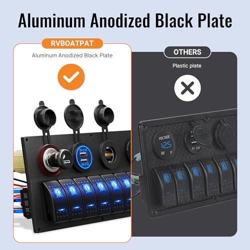 RVBOATPAT Marine Boat Switch Panel Waterproof 8 Gang 12V Rocker Switch Panel 12 Volt Toggle Switch Panel Blue LED Lighted for Automotive Car Truck Detail