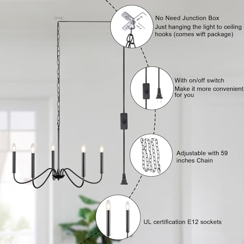 Image of Black Plug in Chandelier Light, 5 Lights Farmhouse Plug in Hanging Light