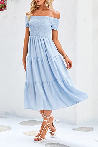 Yskkt Womens Summer Off Shoulder Casual Midi Dresses Short Sleeve Smocked High Waist Pleated Wedding Party Long Dress Sky Blue #TOP2