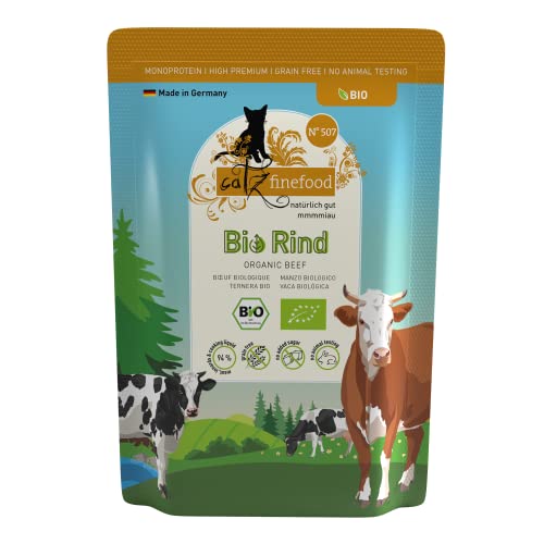 catz finefood Comida orgánica para Gatos de Vacuno, Comida húmeda monoproteína en Calidad orgánica para Gatos, Dieta Adecuada con un 94% de Contenido de Carne, Fabricado en Alemania (6 x 85 g)