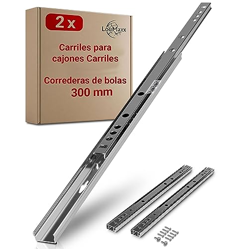 Guías Para Cajones LouMaxx | Juego de 2 Guías Correderas Para Cajones, Ranura de 27 mm | Rieles Para Cajones de 300 mm | Sistema de Correderas Para Cajones de Extensión Parcial.