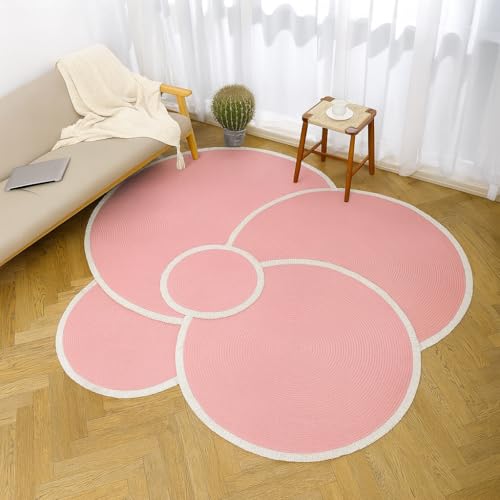 Image of Cotton Round Carpet 3x3 feet - Handmade Braided Boho Rug for Living Room, Bedroom & Balcony - Soft Washable Floor Mat, Color -Pink