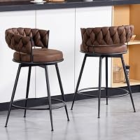 Bar Stools Set of 2, 61cm Counter Height Swivel Stools with Woven Back & Suede Fabric Seat, 360° Swivel Metal Frame Stools with Footrest for Kitchen Island, Cafe, Pub, Bar, Dark Brown