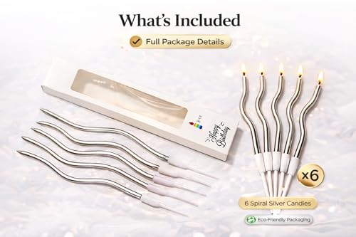 Image of Unscented Party Twisty Metallic Silver Spiral Candles - 6Pcs, Twisty Candles for Birthday, Baby Shower, Wedding Anniversary Party & Cake Decoration