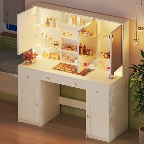 HUAHUU Vanity Desk with Mirror and Lights, 45.3'' Large Makeup Vanity with Glass Top & Power Outlet, White Vanity Table with 3 Drawers & 2 Cabinets & Hidden Storage Shelves, 3 LED Lighting Modes