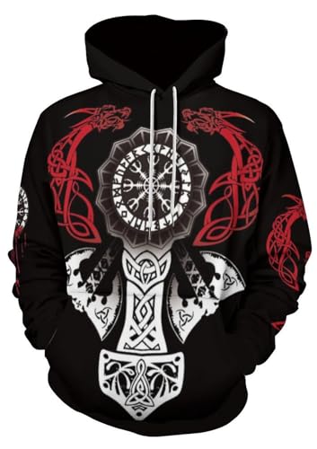 Image of GLUDEAR Men's Vikings Tattoo Norse Mythology Graphic 3D Print Hoodie Pullover Sweatshirt Hoodies, Z Viking Red Dragon, XX-L