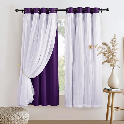 Image of PONY DANCE Bedroom Curtains Purple, 52 inch Wide and 63 inch Long, Royal Purple | Mix & Match Room Darkening Curtains with White Crushed Sheer Voile, 2 Panels