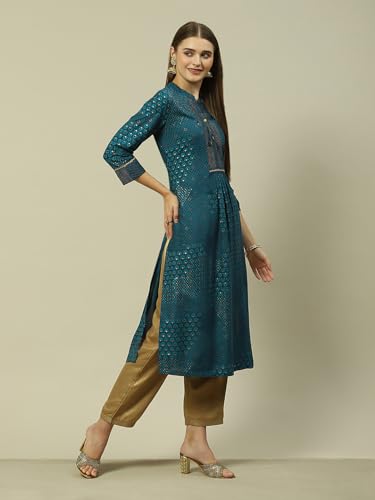 Image of Rangriti Teal Blue Viscose Straight Printed Kurta for Women