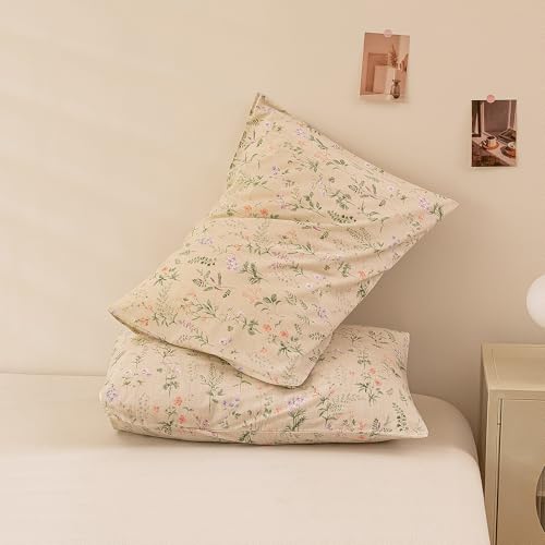 Image of ECOCOTT Floral Pillowcases Standard Size Set of 2, 100% Washed Cotton Pillow Cases with Envelope Closure, Beige Botanical Wildflower Printed Pillow Covers for Cottagecore Farmhouse Bedroom Decor