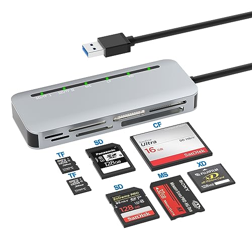 Card Reader, USB3.0 Multi SD Card Reader, 7 in 1 Memory Card Reader for SDXC SDHC CF MS XD TF Micro SD MS MMC, Compact Flash Card Hub Adapter 5Gbps Read 5 Cards Simultaneously for Windows/Mac/Computer