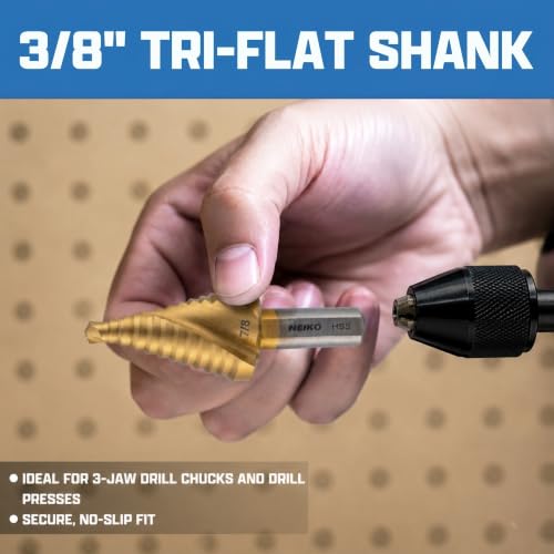 Image of NEIKO 10619A Step Drill Bit, 1 Step 7 /8 inch Spiral High Speed Steel, Titanium Nitride Coated, 3 /8 inch Tri-Flat Step Bits for Steel, Metal, Wood, Plastic, Unibit Cone Drill Bits, Two Flute