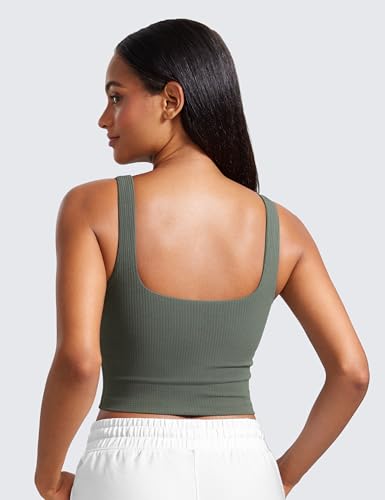 Image of CRZ YOGA Ribbed Henley Crop Tank Tops | Medium Support, Removable Pads, Casual, Square Back, Wide Straps, Longline Sports Bras for Women