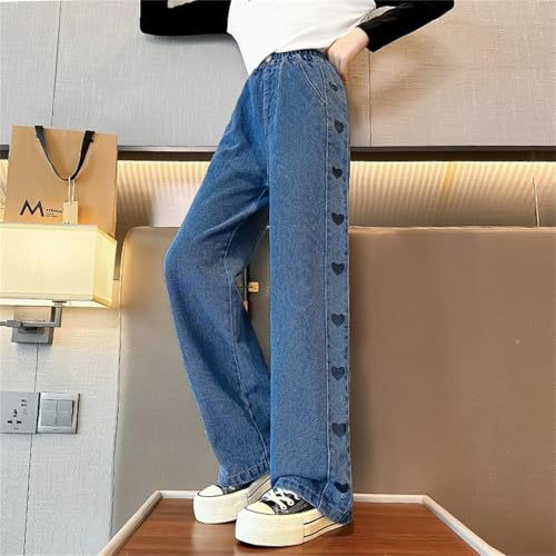 BILIKEYU Girls Jeans Heart Prints High Waist Stretch Straight Wide Leg Casual Denim Pants with Pockets for Kids2