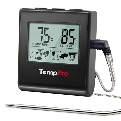 TempPro TP16 Large LCD Digital Meat Thermometer for Cooking, Smoking, Grilling, BBQ Food Temperature Indicator with Clock Timer and Stainless Steel Probe, Black(Previously ThermoPro)