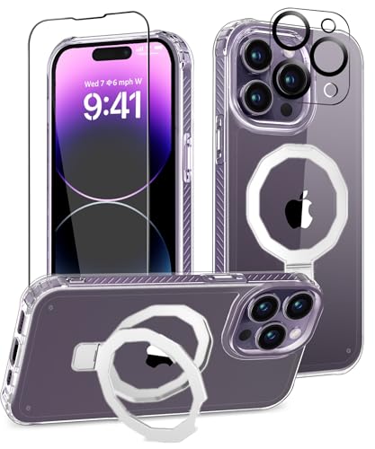 BANLEA for iPhone 14 Pro Case, with Screen Protector + Camera Lens Protector, Built-in Seamless Stand, [Compatible with MagSafe] Protective Shockproof Phone Case, Cover for iPhone 14Pro - Clear