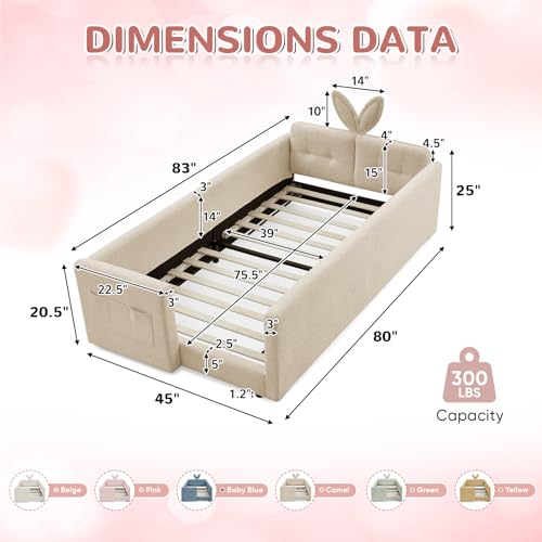 Image of Twin Size Kids Bed with Rabbit Ear Headboard, Upholstered Boucle Fabric Twin Daybed with Slats Support & Side Pockets, Space-Saving Wooden Corner Sofa Couch Bed Frame for Girls, Boys, Teenager(Camel)