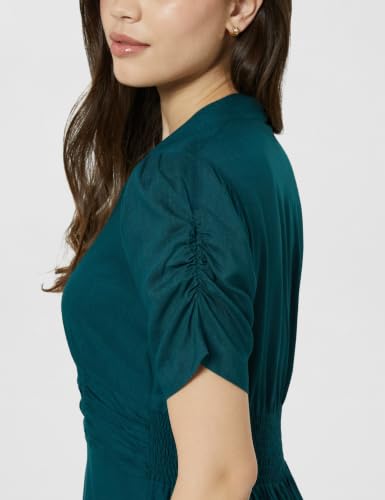 Image of Amazon Brand - Symbol Women's V-Neck Midi Dress | Ruched Waist, Puff Sleeves, A-Line Flared (Available in Plus Sizes)