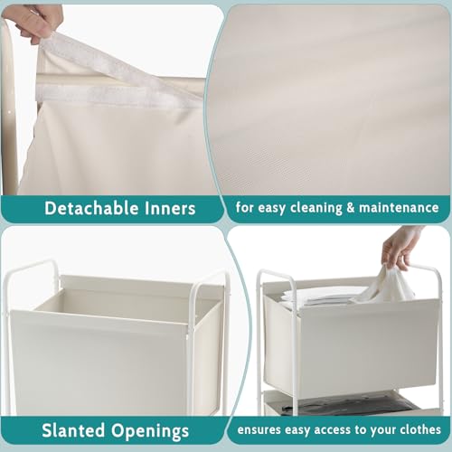 Image of 125L Vertical Laundry Hamper with Wheels, 3 Section Large Rolling Laundry Sorter with Detachable Inners, Metal Clothes Hamper Laundry Baskets Organizer for Bathroom, Bedroom, Dorm (Beige)
