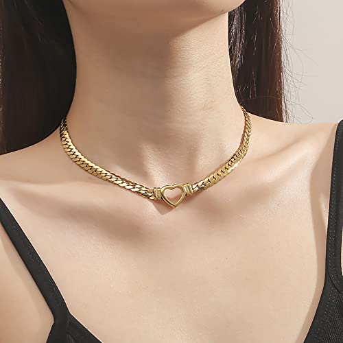 Loqimu Flat Cuban Link Chunky Chain Necklace Gold Stainless Steel Hollow Heart Charms Choker Clavicle Jewelry for Women Teen Girls4
