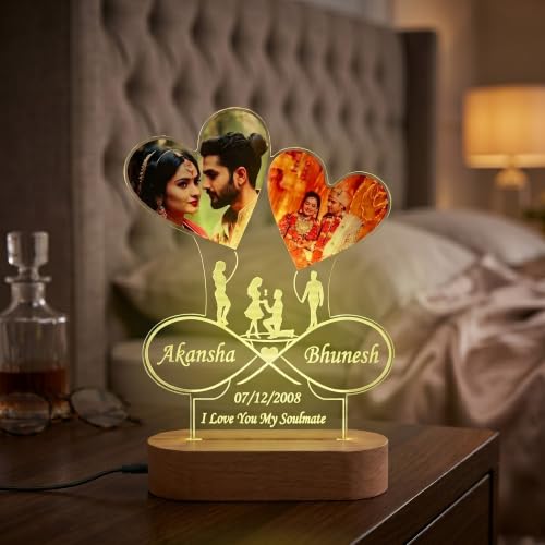 Image of Personalized Double Heart LED Photo Lamp with Name & Date | Custom Acrylic Couple Night Light with Wooden Base | Romantic Gift for Anniversary, Wedding, Valentine, Birthday