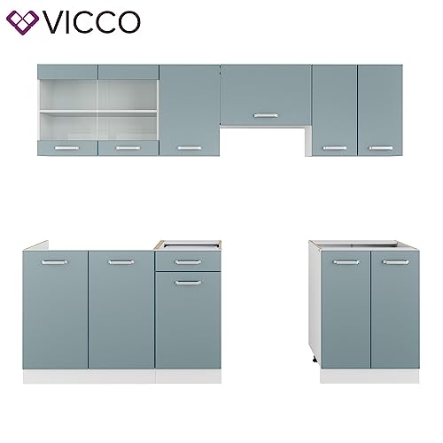 Vicco Küchenzeile Raul, Blau-Grau/Weiß, 240 cm ohne Arbeitsplatte