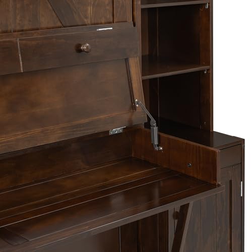 Image of Merax Queen Size Murphy Bed with Desk and LED Lights, Power Outlet, Foldable Murphy Cabinet Bed with Open Storage Shelves & Drawers, Wood Space-Saving Hidden Wall Bed for Guest Room, Dark-Brown