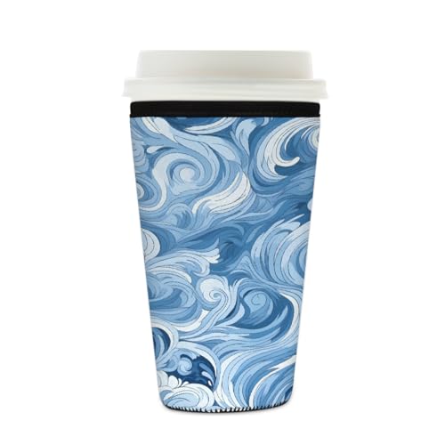 Myfsucce Funda reutilizable para taza de café, funda de neopreno para café helado con estampado abstracto de olas de mar, 2 mm de grosor, tamaño de 16 a 18 onzas