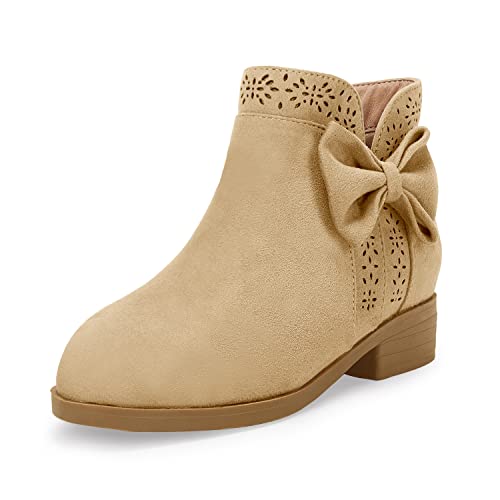 Girls Kids Bow Knot Ankle Boots Faux Suede V Cutout Low Stacked Heel Side Zipper Chelsea Shoes