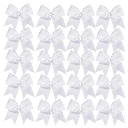 Cheerleader Bows 8 Inch 20 pcs Ponytail Holder Cheerleading Bows Hair Tie (White)
